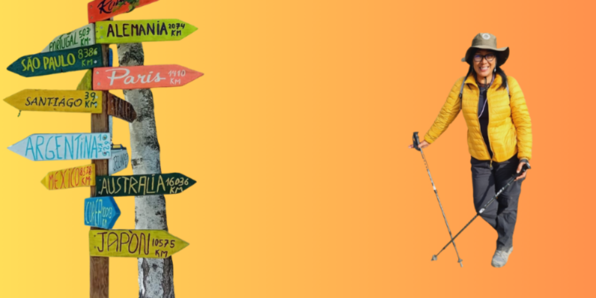 Person in yellow jacket with hiking gear standing next to a wooden signpost with directional signs on an orange background