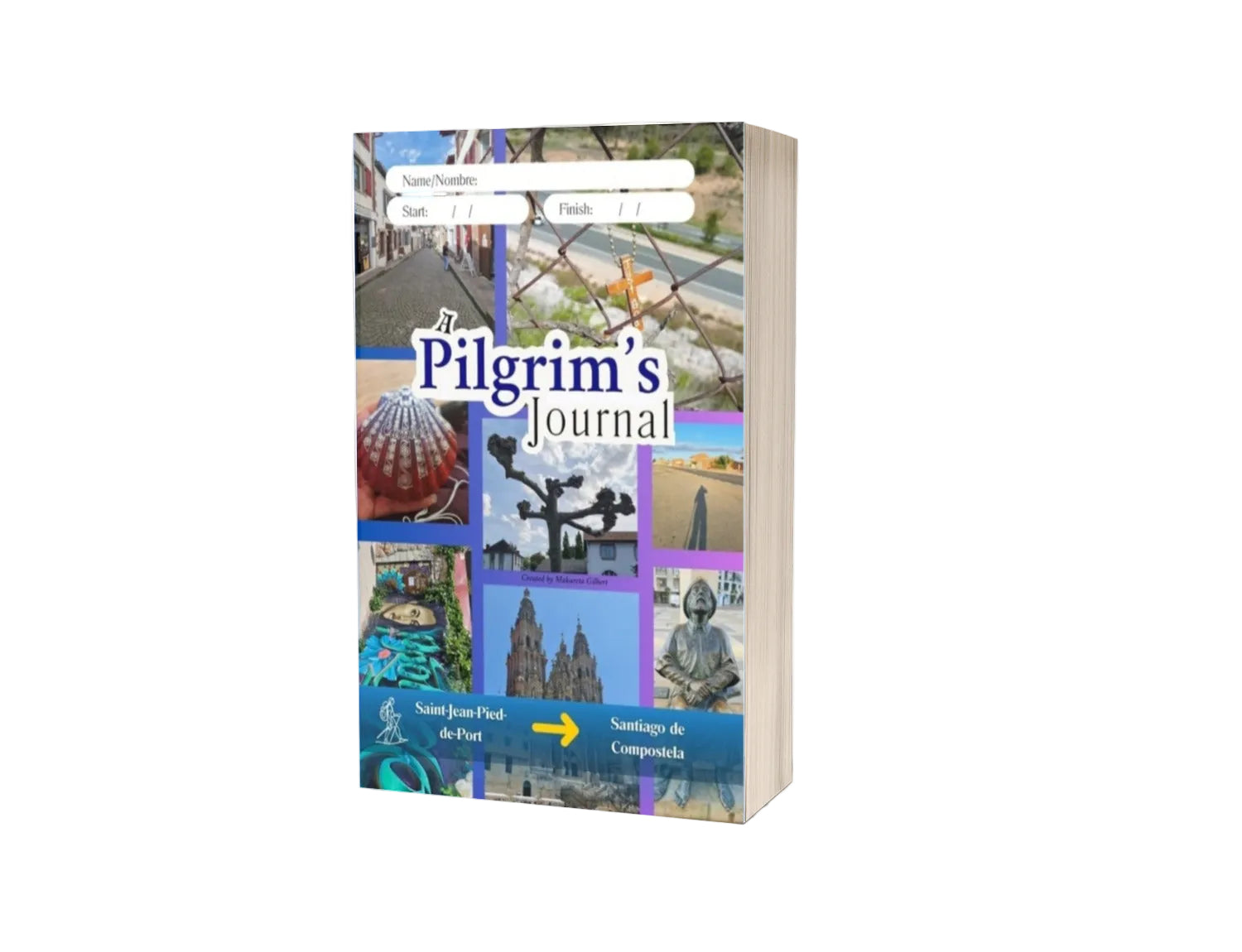 Book titled 'Pilgrim's Journal' with travel-themed cover images on a white background